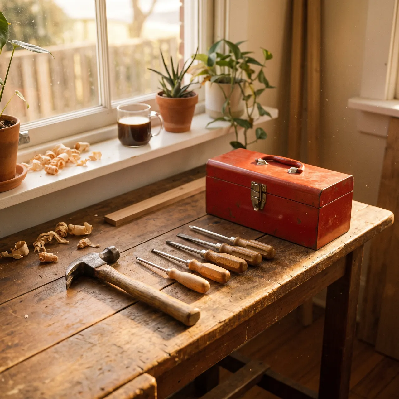 warm photo of a tidy home workbench with a hammer, screwdrivers and a small toolbox in soft morning light