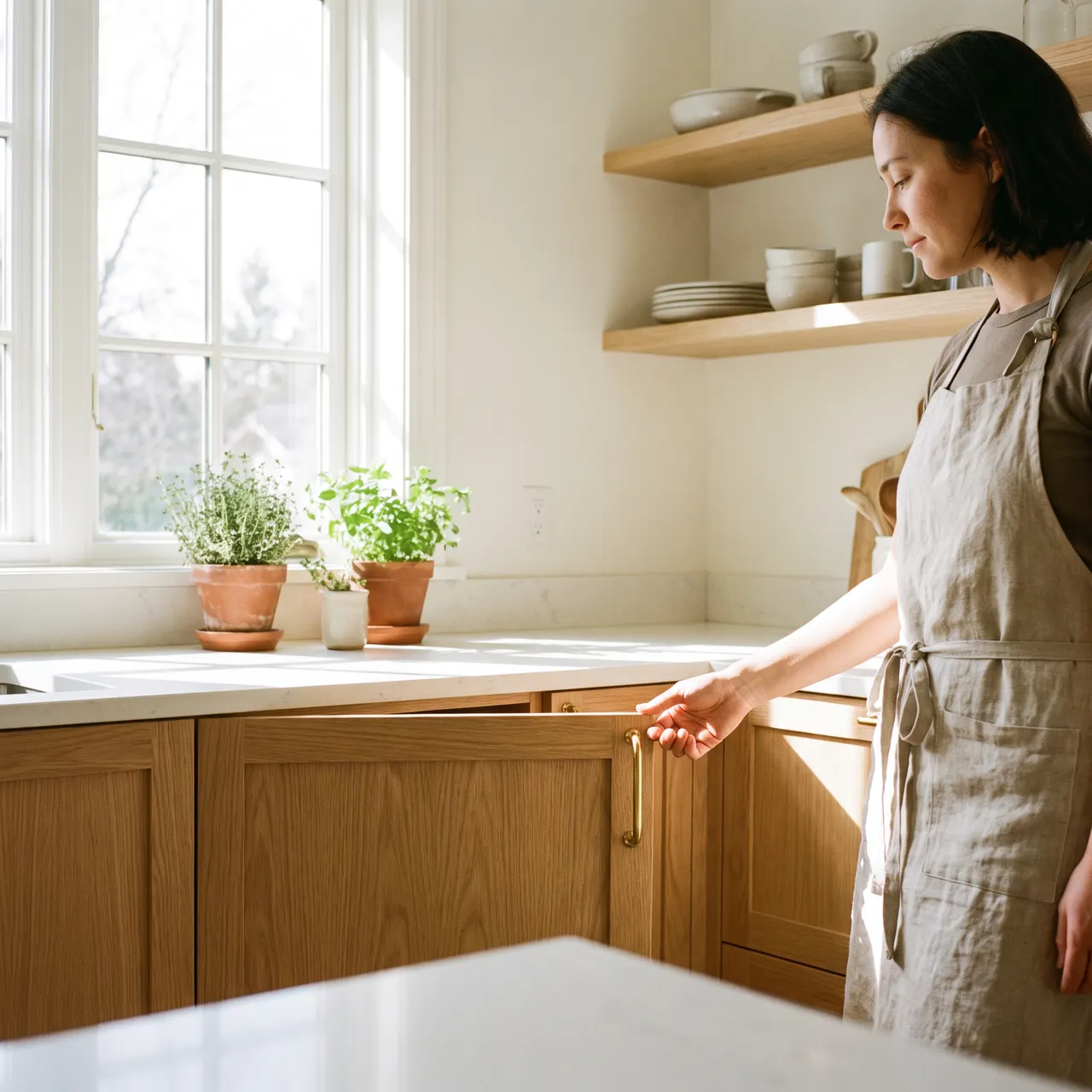 calm photo of a person tightening a cabinet handle in a bright, clean kitchen with wooden cabinets
