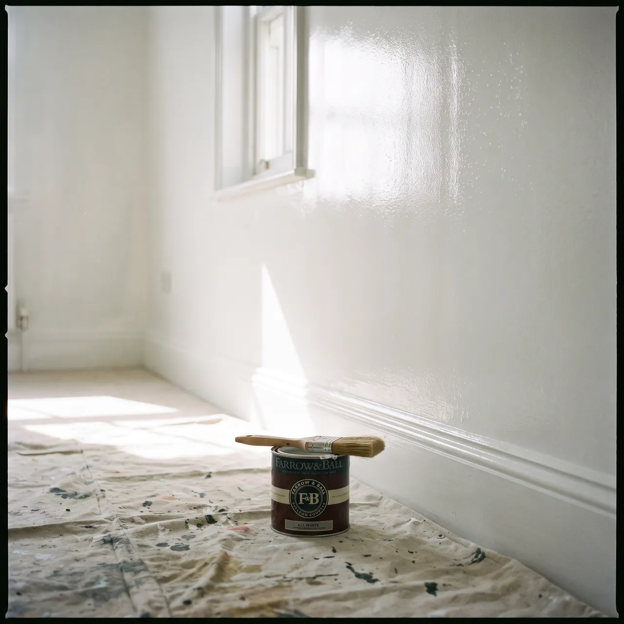 soft-lit photo of a freshly painted white hallway wall with a paintbrush and a small paint can resting on a drop cloth