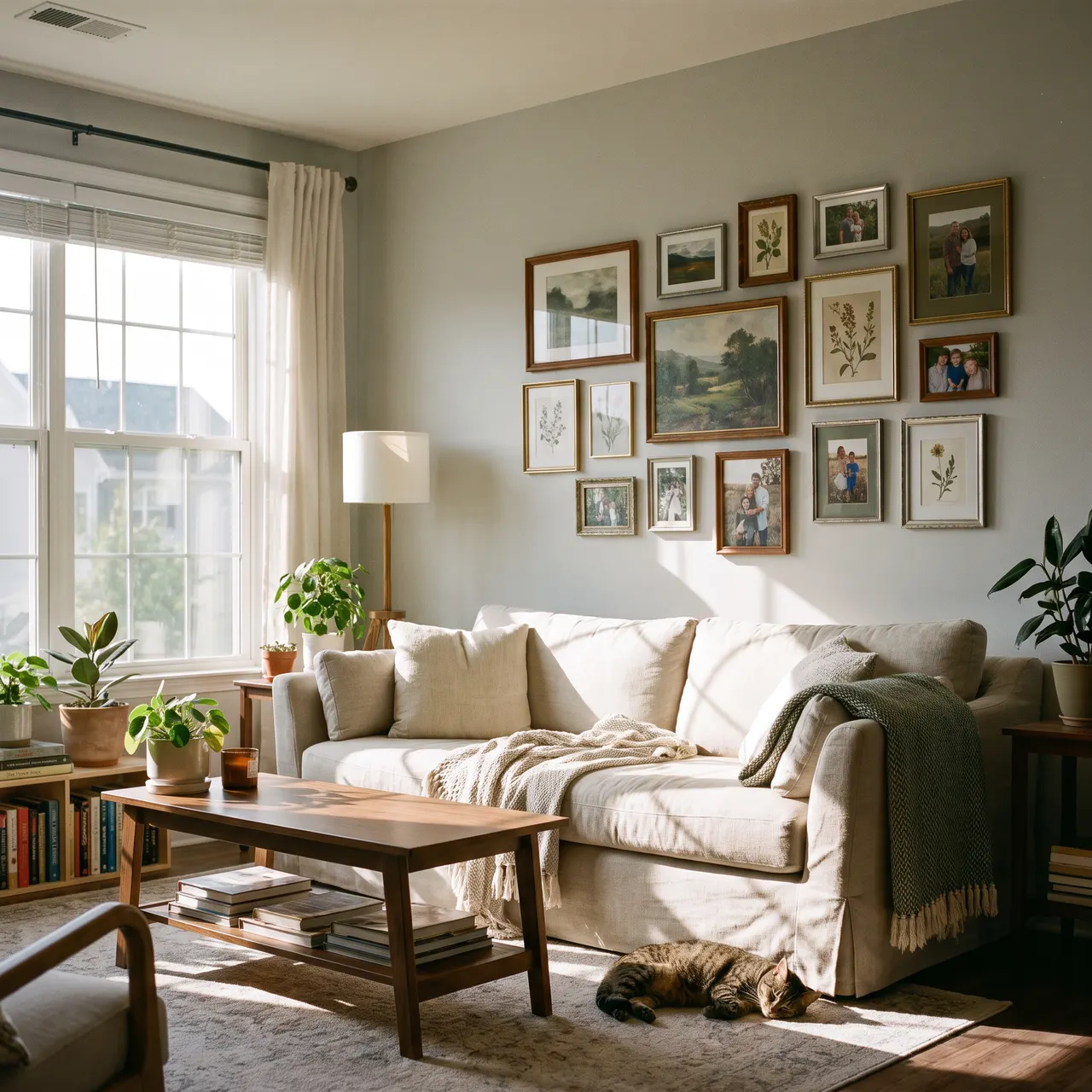 peaceful photo of a sunlit living room with framed pictures hanging neatly on a light gray wall